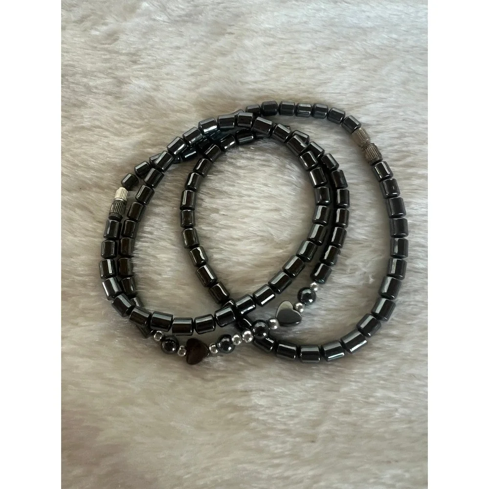 Hematite Bead Necklace Y2K Goth 20" Black Heart Silver Tone Minimalist Necklace - Picture 12 of 13